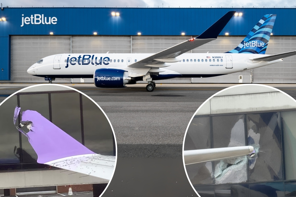 a collage of a jetblue a220 next to two photos of damage caused by a wingtip colliding with an airpot building