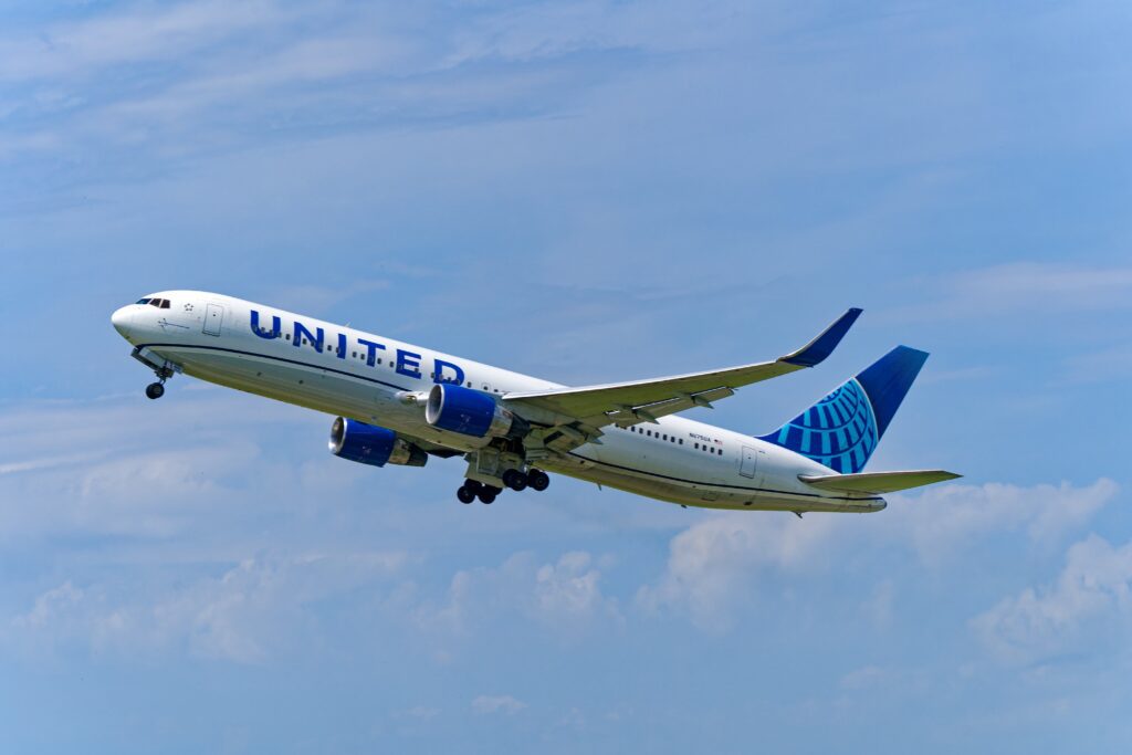 A United Airlines Boeing 767 flying in the sky