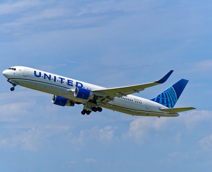 A United Airlines Boeing 767 flying in the sky