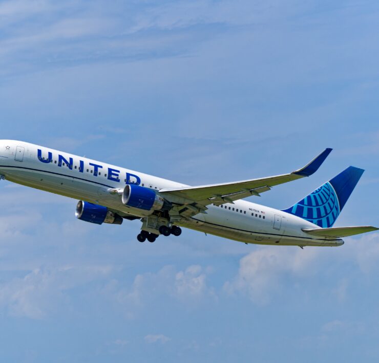 A United Airlines Boeing 767 flying in the sky