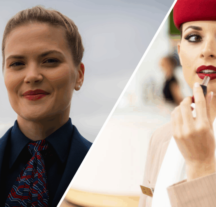 a member of British Airways cabin crew alongside an image of an Emirates cabin crew applying liptstick (collage)
