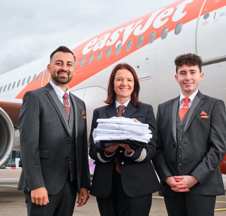 Two easyjet cabin crew and a pilot holding old uniforms in front of an airplane