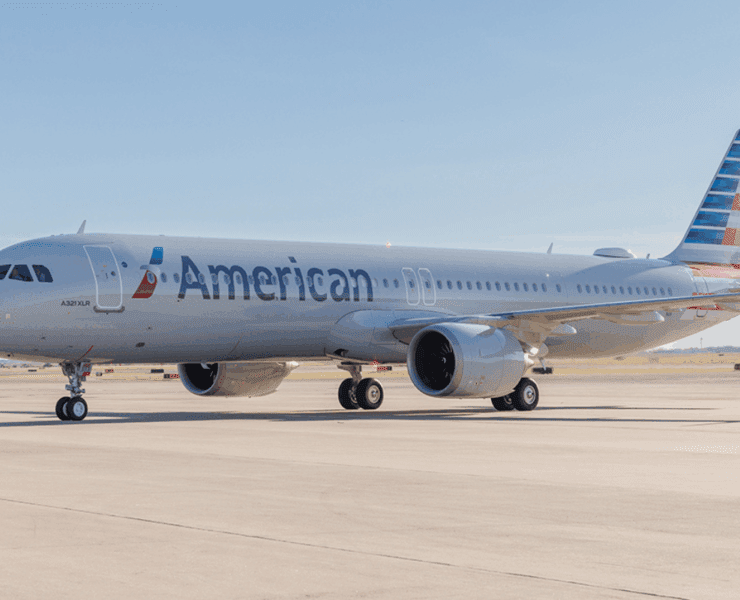 American Airlines a321xlr on the tarmac in the sun