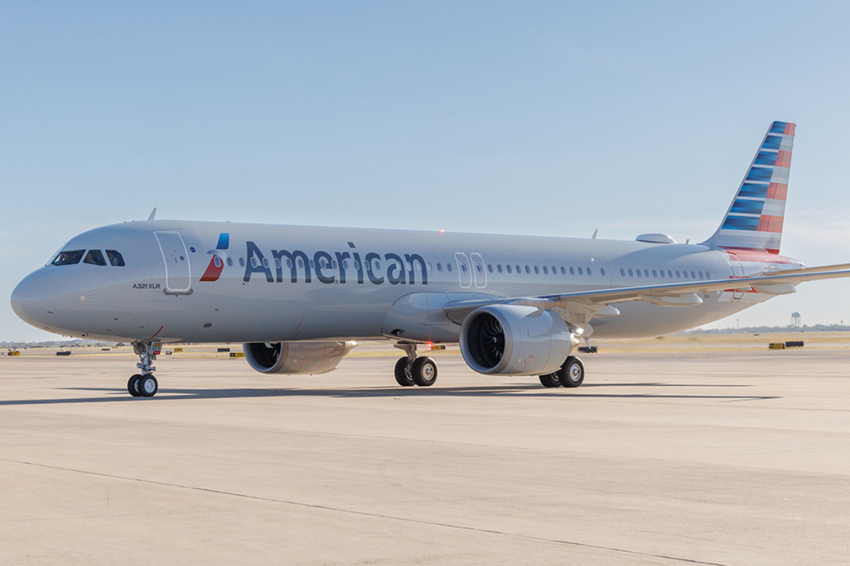 American Airlines a321xlr on the tarmac in the sun