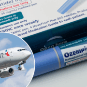 a photo of an ozempic box and needle alongside a photo of an american airlines plane