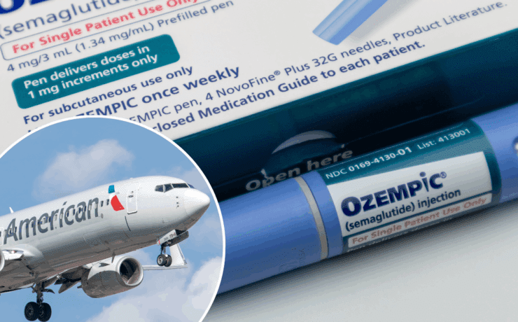 a photo of an ozempic box and needle alongside a photo of an american airlines plane