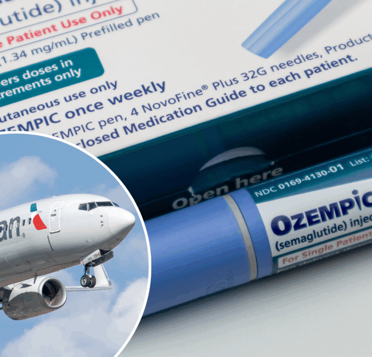 a photo of an ozempic box and needle alongside a photo of an american airlines plane