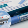 a photo of an ozempic box and needle alongside a photo of an american airlines plane