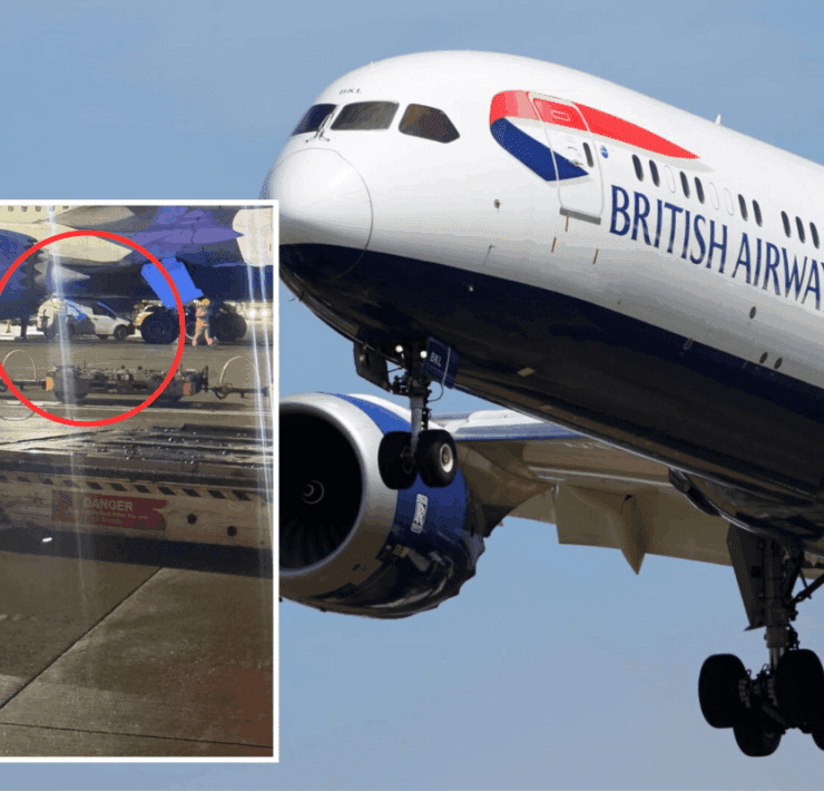 a british airways boeing 787 dreamliner with an inset photo of damage to a ba plane caused by a ground vehicle sliding underneath
