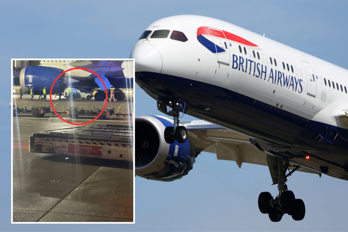 a british airways boeing 787 dreamliner with an inset photo of damage to a ba plane caused by a ground vehicle sliding underneath