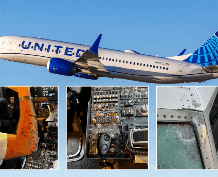A United Airlines Boeing 737MAX with a collage of photos showing damage caused by a damaged cockpit windscreen