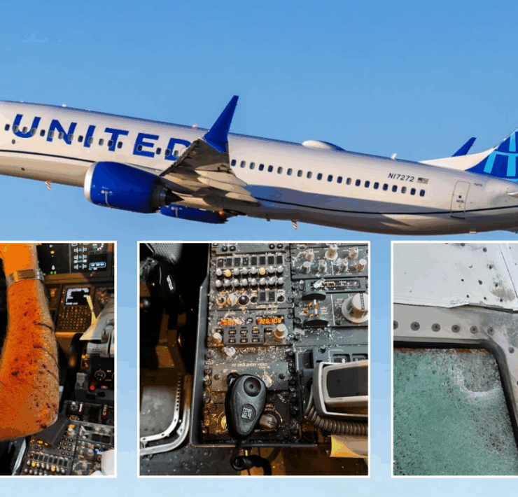 A United Airlines Boeing 737MAX with a collage of photos showing damage caused by a damaged cockpit windscreen