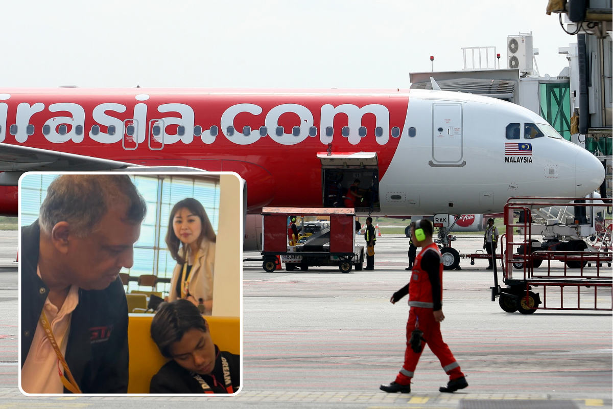 an air asia plane parked at the gate with an inset photo of CEO Tony Fernandes standing over a napping crew member
