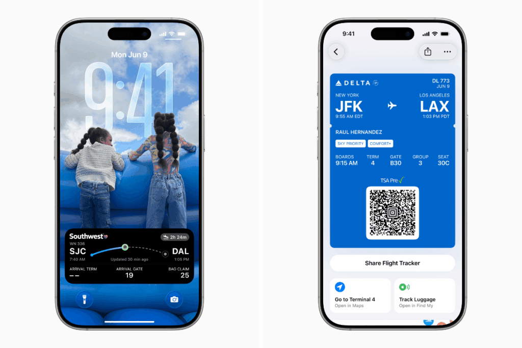 two screenshots of apple phones showing the refreshed boarding pass experience