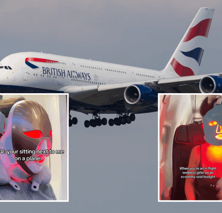 a british airways airbus a380 flying in the sky with two inset photos of passengers wearing LED face masks on a plane
