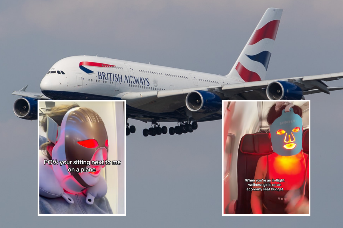 a british airways airbus a380 flying in the sky with two inset photos of passengers wearing LED face masks on a plane