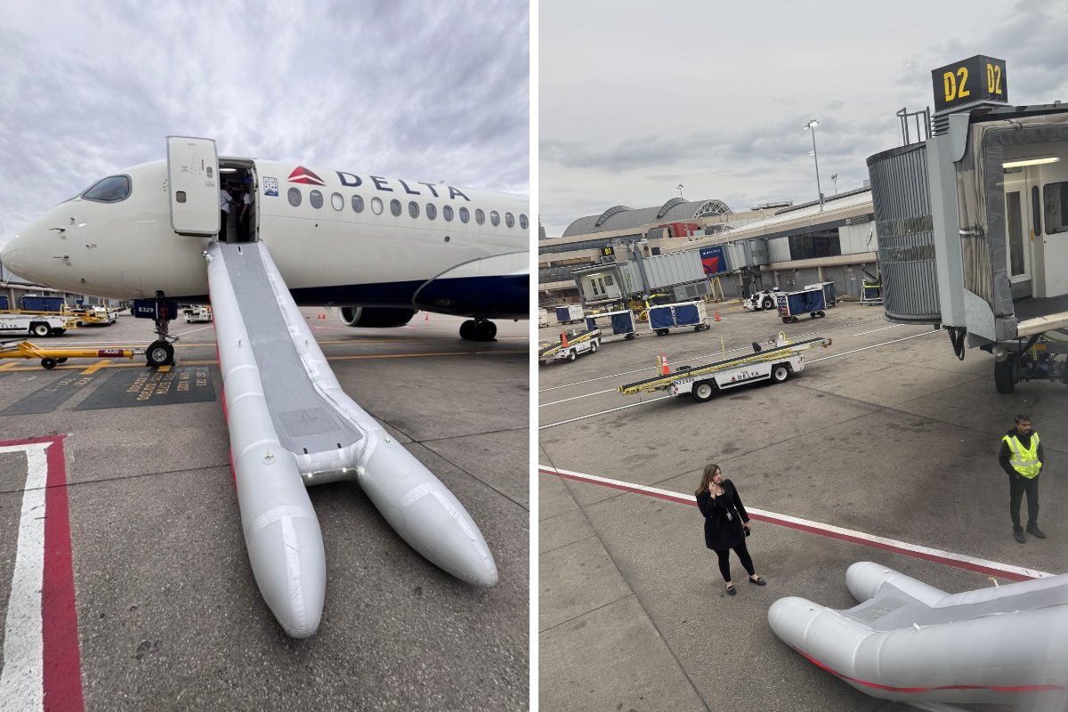 two pictures of an inadvertent slide deployment on an airbus A220 at PIT