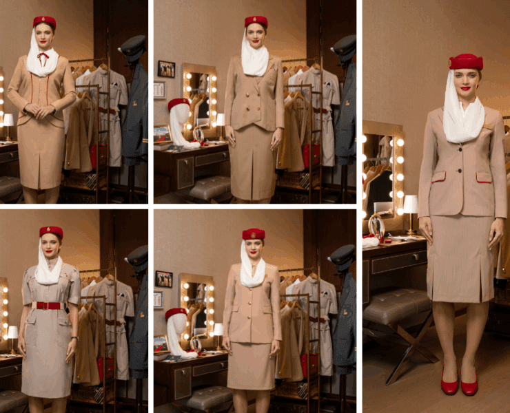 a collage of emirates cabin crew wearing uniforms from different eras