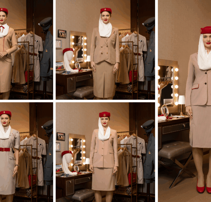 a collage of emirates cabin crew wearing uniforms from different eras