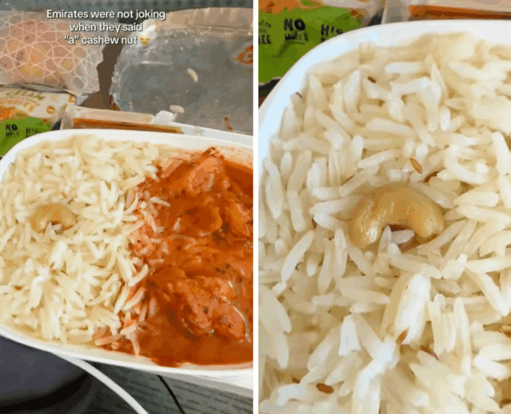 collage of meal served onboard Emirates showing a single cashew nut in the meal