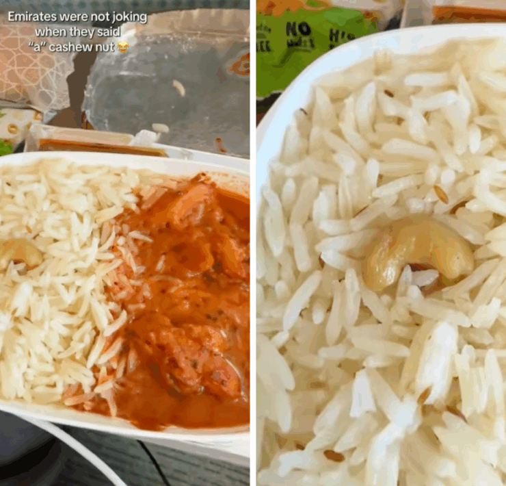 collage of meal served onboard Emirates showing a single cashew nut in the meal