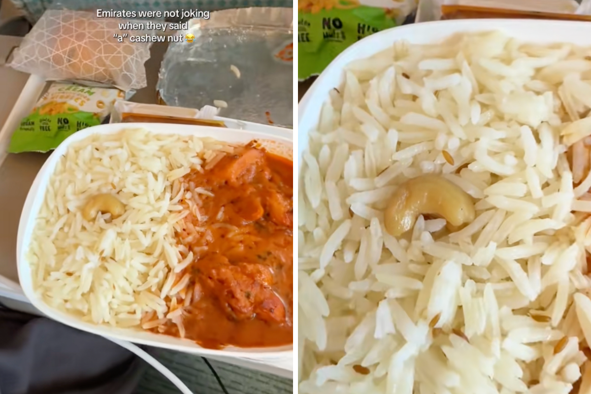 collage of meal served onboard Emirates showing a single cashew nut in the meal