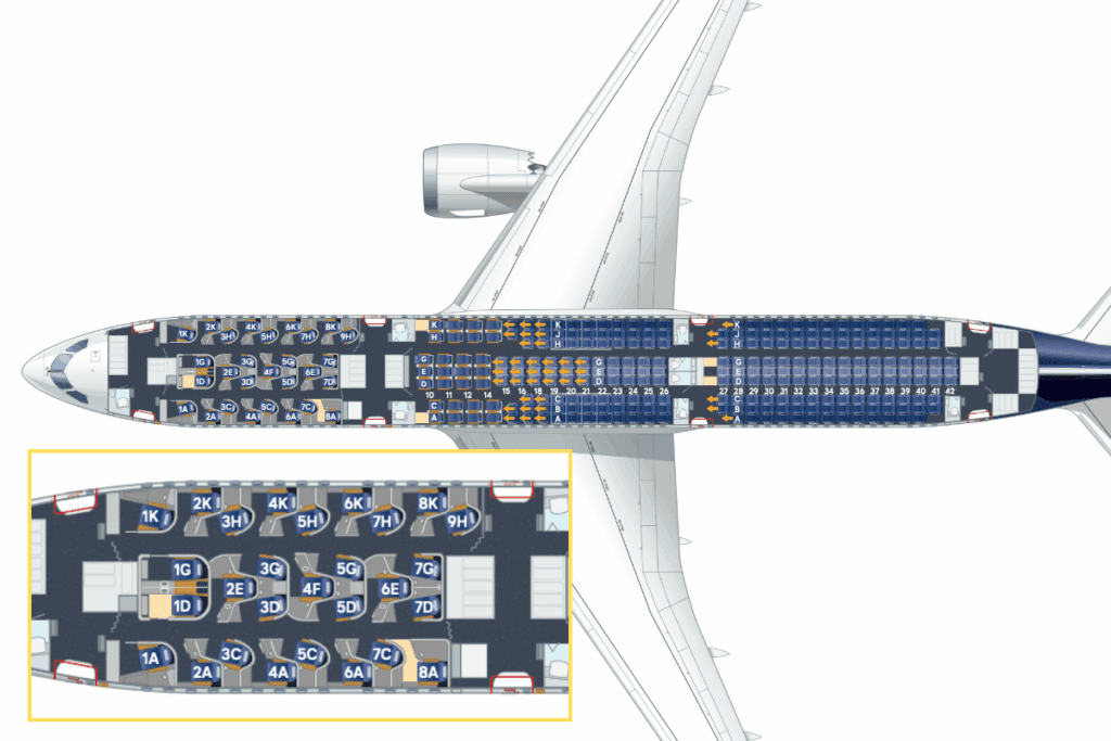 seat map of lufthansa boeing 787-9 Dreamliner with close up of allergies business class cabin