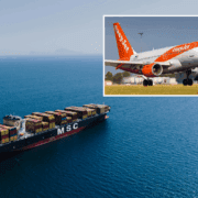 a picture of an MSC shipping container ship sailing in the sea with an inset photo of an easyjet airbus a320