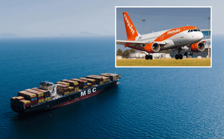a picture of an MSC shipping container ship sailing in the sea with an inset photo of an easyjet airbus a320