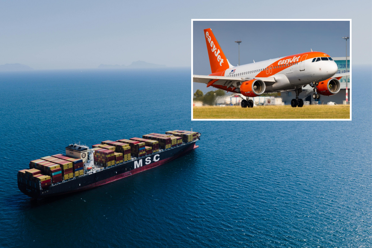 a picture of an MSC shipping container ship sailing in the sea with an inset photo of an easyjet airbus a320