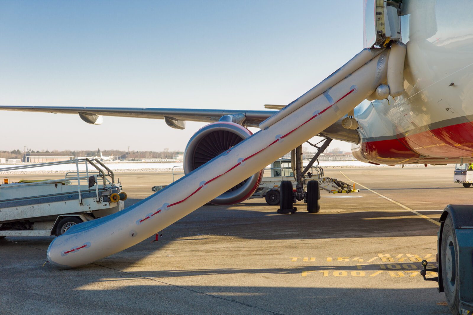 an activated evacuation slide on the side of an aircraft