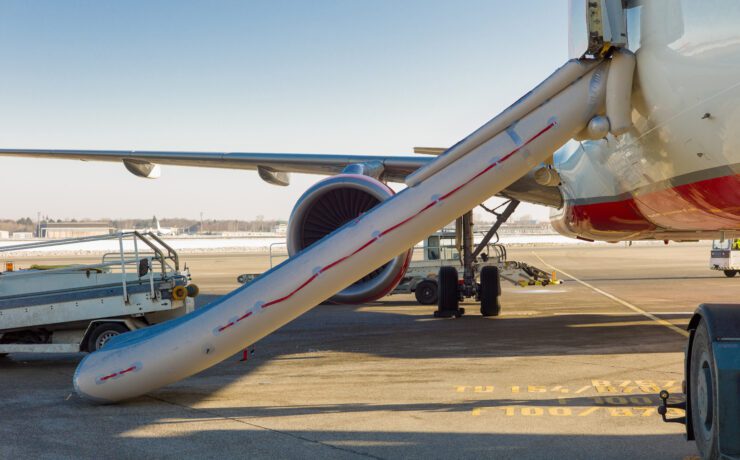 an activated evacuation slide on the side of an aircraft