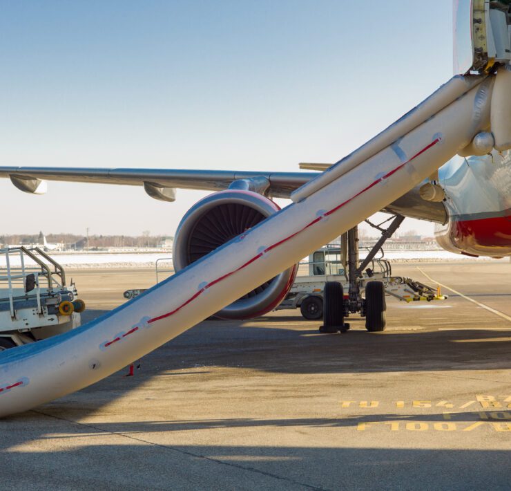 an activated evacuation slide on the side of an aircraft