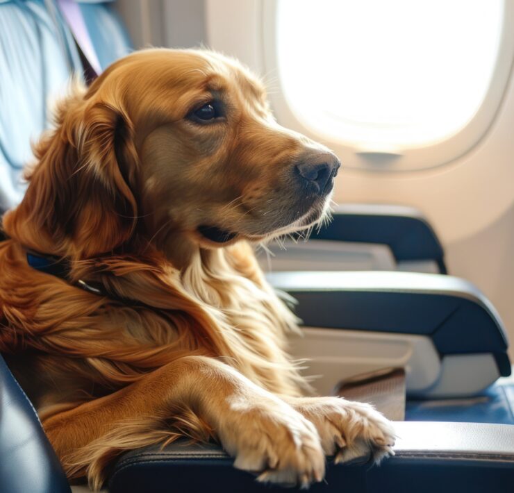 a dog traveling in an airplane
