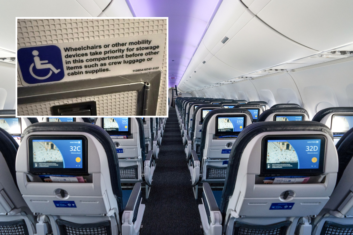 The interior of a United Airlines airplane with an inset picture of a wheelchair stowage placard