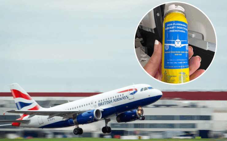 A British Airways aircraft taking off with an inset picture of a passenger holding a can of insecticide