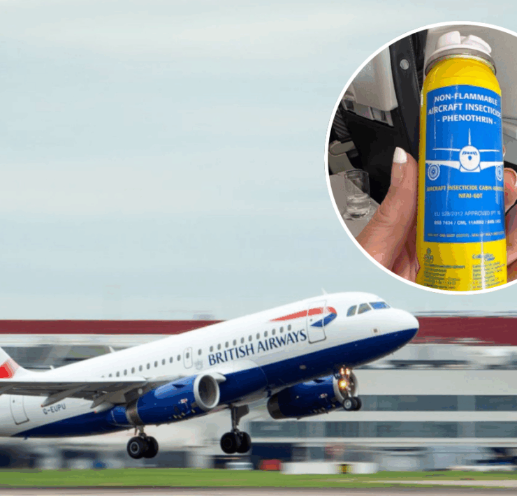 A British Airways aircraft taking off with an inset picture of a passenger holding a can of insecticide