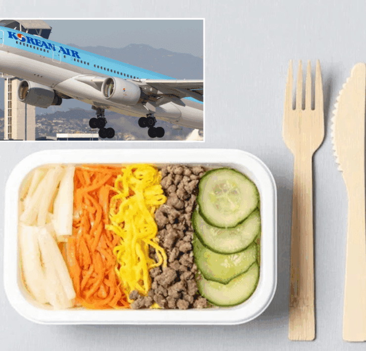 a food in a container with a picture of an airplane