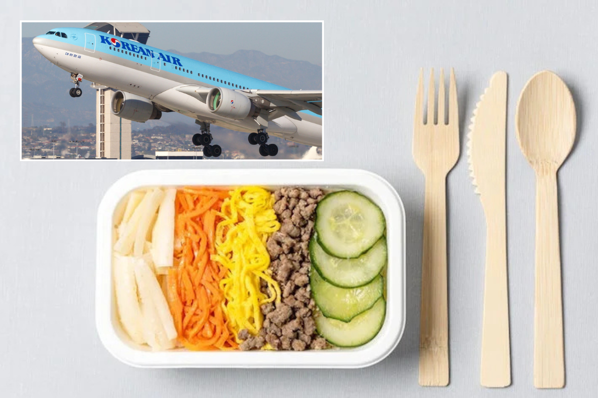 a food in a container with a picture of an airplane