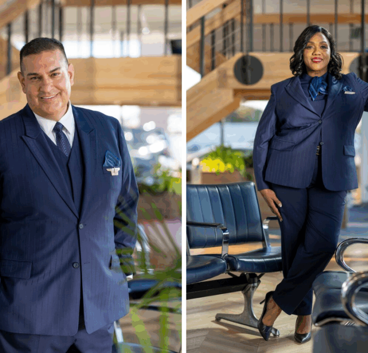 a man and woman in a suit