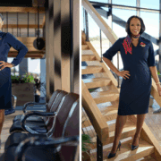 a woman in a blue dress