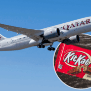 a qatar airways planes flying in the sky with an inset picture of a kitkat bar