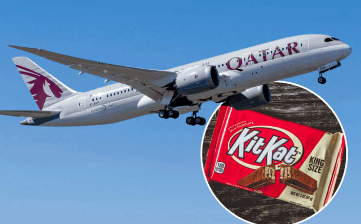 a qatar airways planes flying in the sky with an inset picture of a kitkat bar