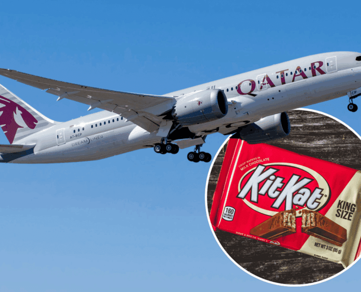 a qatar airways planes flying in the sky with an inset picture of a kitkat bar