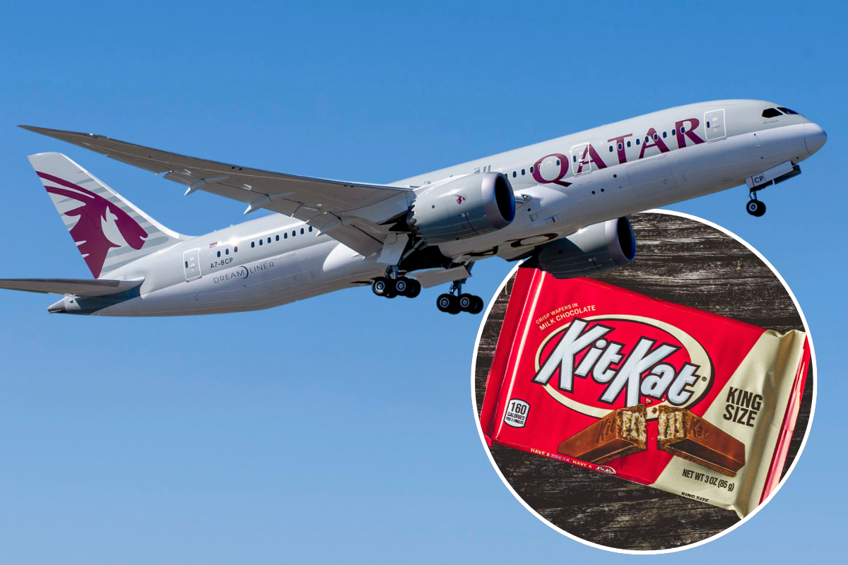 a qatar airways planes flying in the sky with an inset picture of a kitkat bar