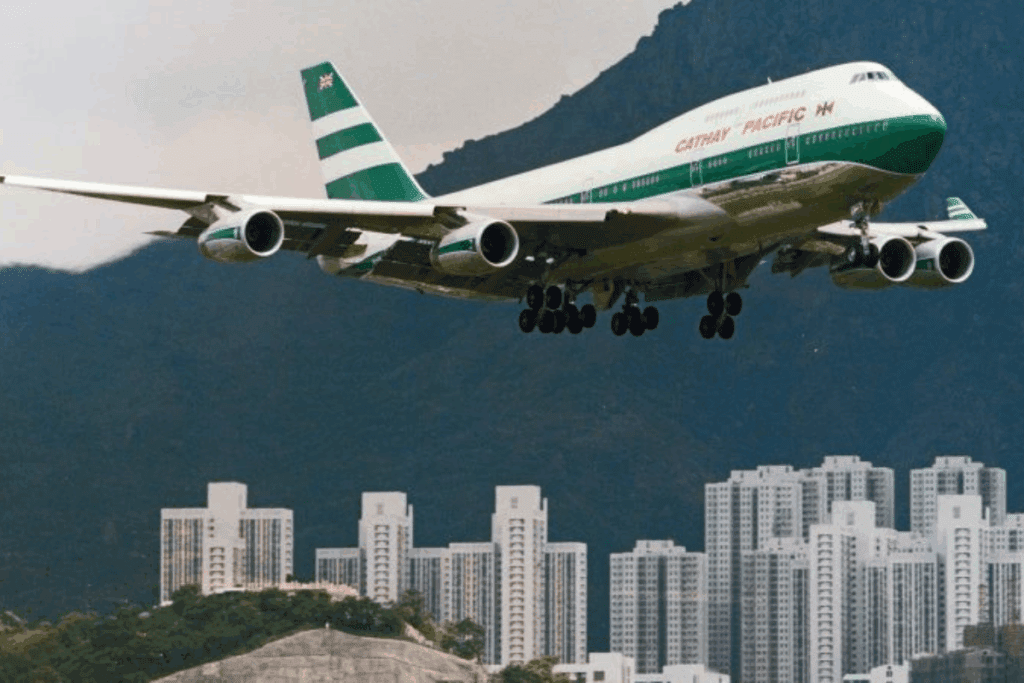 a plane flying over a city