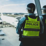 a police officers looking out a window at an airplane