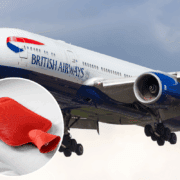 a red hot water bottle on a plane