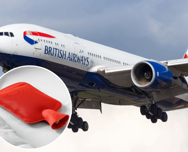 a red hot water bottle on a plane