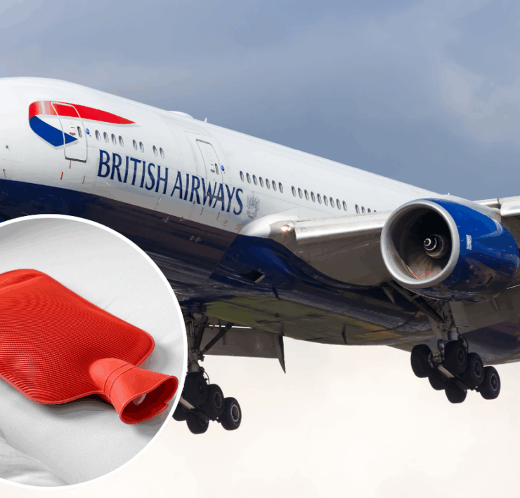 a red hot water bottle on a plane